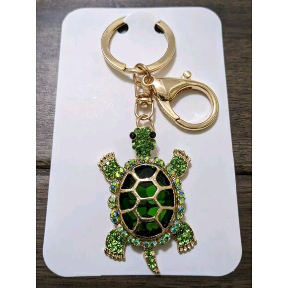 Green Rhinestone TURTLE Keychain Keyring Key Chain Ring Purse Charm Stones New - Picture 5 of 6